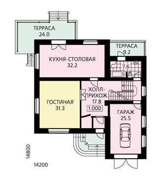 Проект дома из пенобетона с гаражом и просторной гостиной / План 1 этажа