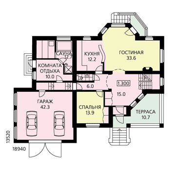 Проект дома из пенобетона с изысканными фасадами, гаражом на две машины, небольшой сауной / План 1 этажа