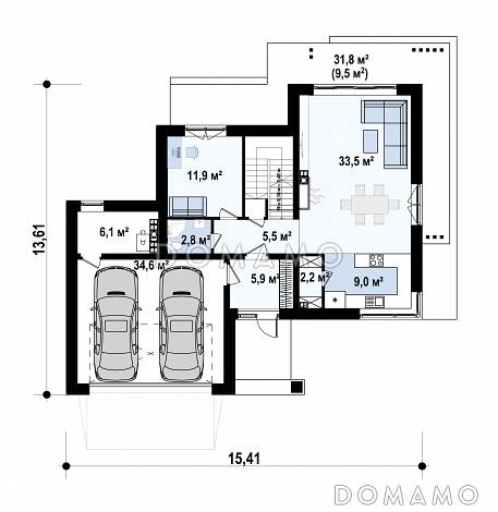 Проект двухэтажного загородного дома с подвалом, гаражом на 2 машины, кабинетом, мастер-спальней  с балконом / План 1 этажа