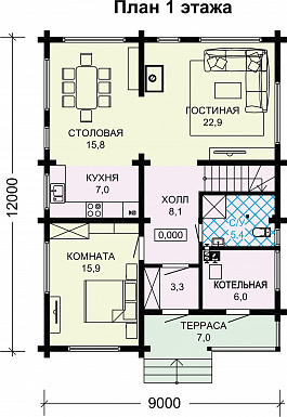 Проект дома из бруса с 4 спальнями и кабинетом с балконом / План 1 этажа