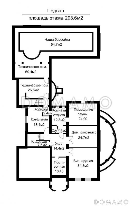 Проект двухэтажного дома с пристроенным бассейном / План цокольного этажа