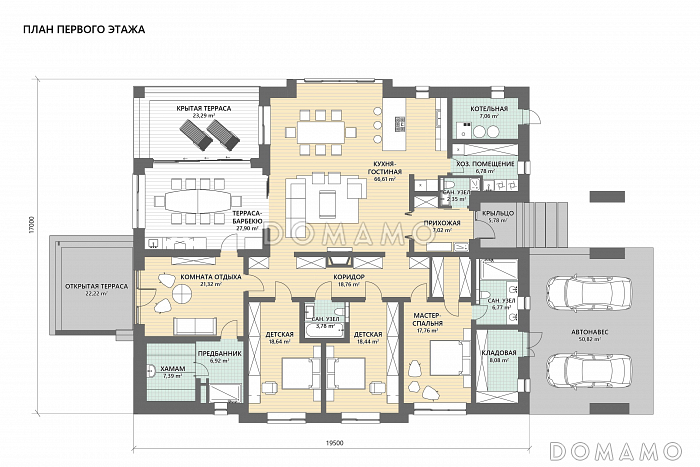 Проект просторного дома в скандинавском стиле с хамамом, зоной отдыха и навесом для 2 машин / План 1 этажа