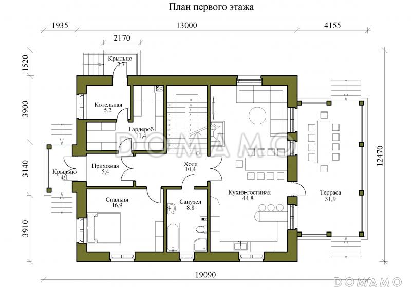 Проект двухэтажного дома с бильярдной и мансардой / План 1 этажа