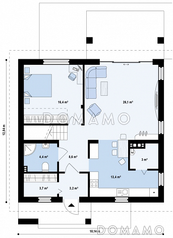 Проект одноэтажного мансардного дома из кирпича с гостевой комнатой на первом этаже и балконом над террасой / План 1 этажа