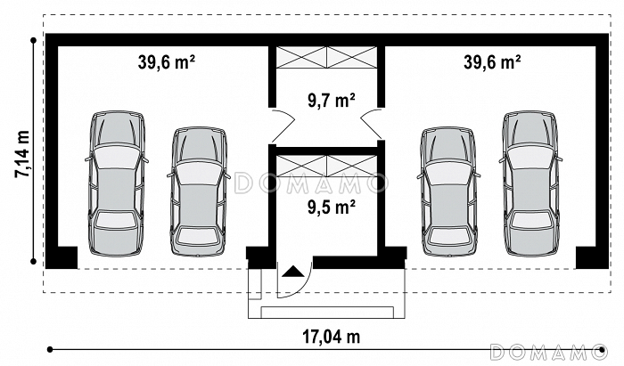 Проект большого гаража из газобетона для четырёх автомобилей с подсобными помещениями  / План 1 этажа