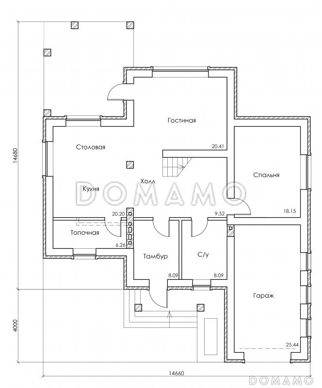 Проект красивого двухэтажного дома по технологии ЛСТК c большим гаражом и террасой / План 1 этажа
