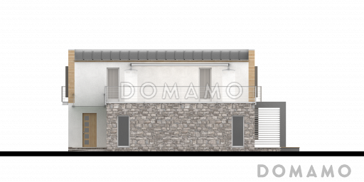 Проект современного двухэтажного дома с плоской крышей из кирпича с четырьмя спальнями, гаражом и просторной террасой над ним / Фасад 4