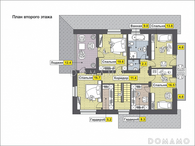 Загородный дом с окнами в пол, с тремя террасами и лоджией / План мансардного этажа