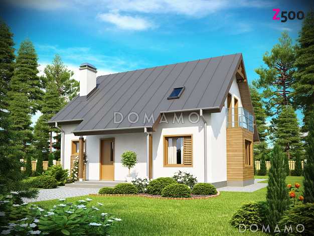 Проект одноэтажного мансардного дома из газобетона с прямоугольным эркером и балконом