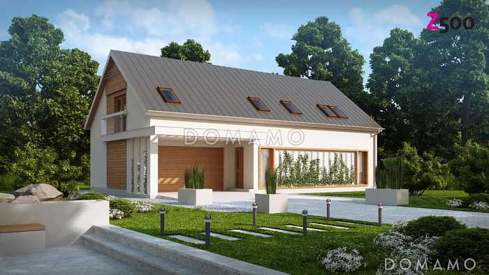 Проект одноэтажного мансардного дома из кирпича с кабинетом, тремя спальнями и гаражом на два автомобиля