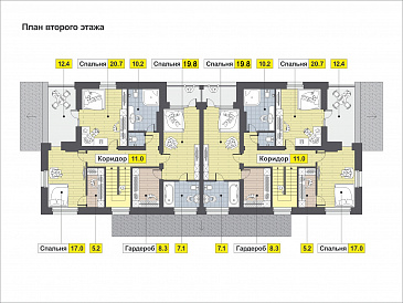 Загородный дом для большой семьи с функциональной планировкой, гаражом, барбекю на террасе / План 2 этажа