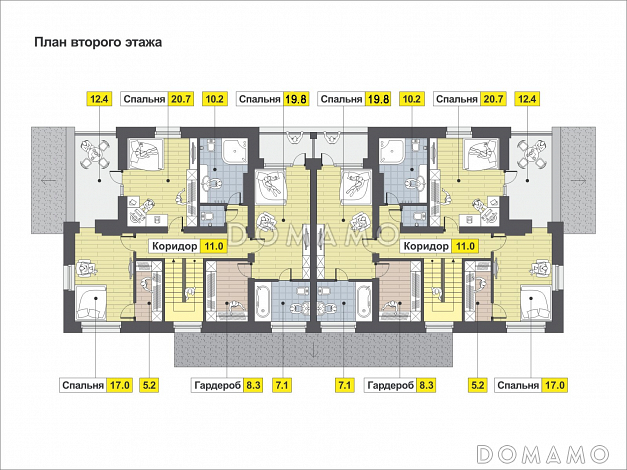 Загородный дом для большой семьи с функциональной планировкой, гаражом, барбекю на террасе / План 2 этажа