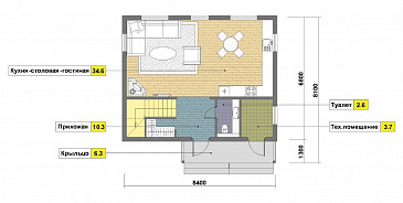 Проект двухэтажного каркасного дома с двумя спальнями на втором этаже / План 1 этажа