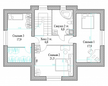Проект полутораэтажного коттеджа с яркой облицовкой и открытой террасой / План мансардного этажа