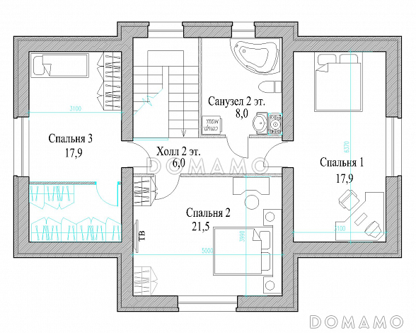 Проект полутораэтажного коттеджа с яркой облицовкой и открытой террасой / План мансардного этажа