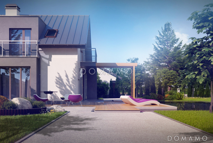 Проект одноэтажного мансардного дома из кирпича с эркером, тремя  балконами и вертикальным мансардным окном