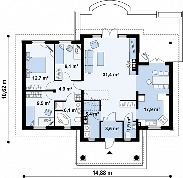Проект одноэтажного дома из кирпича со свободной планировкой на мансардном этаже / План 1 этажа