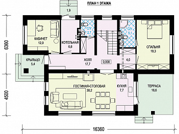 Проект дома с косой крышей, детскими комнатами, террасой, большой гостиной-столовой / План 1 этажа