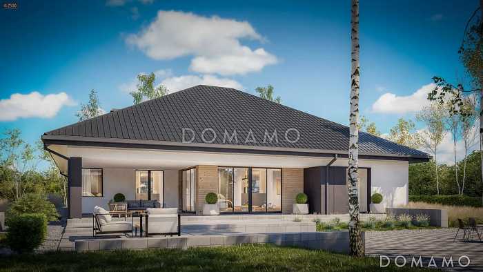 Проект дома из газобетона с просторной террасой и гаражом на 2 машины