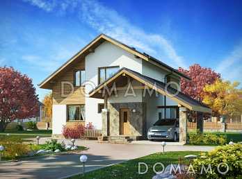 Проект загородного дома с мансардой и навесом для машины