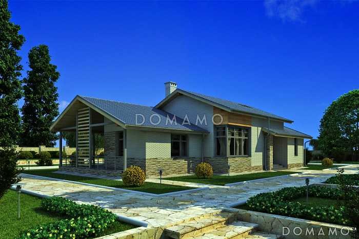 Проект дома со вторым светом, большой крытой террасой, сауной, спальными комнатами на первом и мансардном этажах  