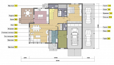 Проект дома из газобетона с местом для трех авто / План 1 этажа