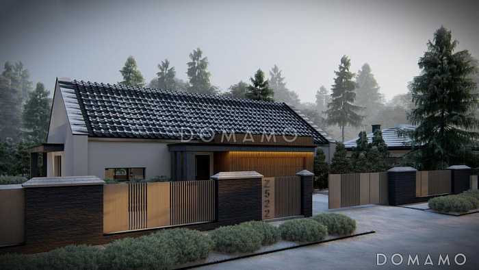 Проект современного одноэтажного дома с гаражом на две машины, кухней по одной стене с кладовой, кабинетом