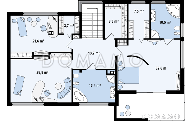 Проект современного двухэтажного дома в стиле хай-тек из газобетона с плоской крышей, гаражом и балконом / План 2 этажа