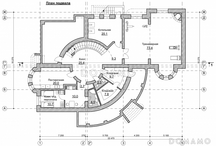 Проект коттеджа с круглым холлом и башенкой / План цокольного этажа