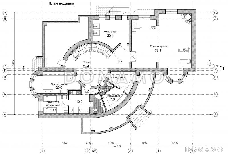 Проект коттеджа с круглым холлом и башенкой / План цокольного этажа