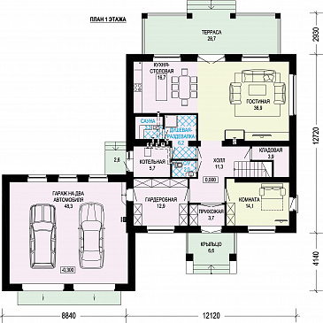 Проект кирпичного двухэтажного особняка с двойным гаражом / План 1 этажа