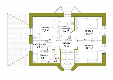 Проект коттеджа из кирпича с французскими балконами и большим кабинетом первого этажа / План мансардного этажа