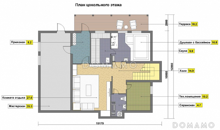 Проект дома из газобетона с цокольным этажом и небольшим бассейном / План цокольного этажа