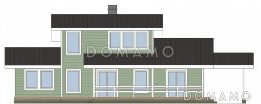 Проект каркасного дома с навесом для одной машины и двумя спальнями на мансардном этаже / Фасад 4
