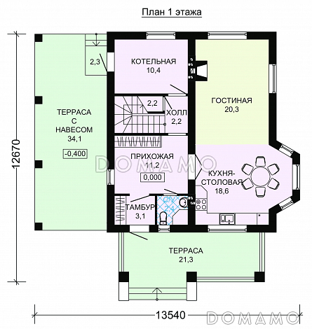 Проект дома из пеноблоков с мансардой и навесом для автомобиля / План 1 этажа
