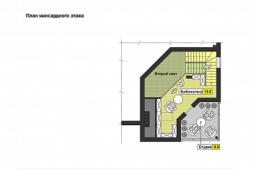 Проект квадратного загородного дома с большой гостиной, кухней-столовой, двумя террасам, комнатой с видовым окном / План мансардного этажа