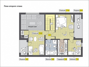 Проект загородного дома из панелей СИП с открытой террасой, небольшой кухонной зоной, вторым светом, балконом и лоджией / План мансардного этажа