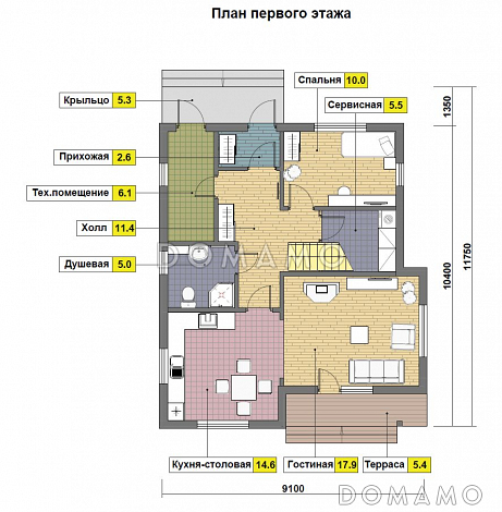 Проект каркасного дома 9 на 10 с четырьмя спальнями на мансарде / План 1 этажа
