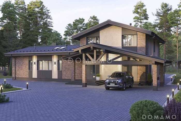 Проект кирпичного дома с мансардой, террасой барбекю и сауной