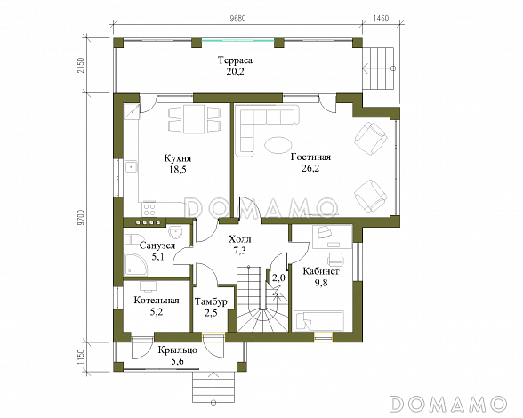 Проект двухэтажного коттеджа с террасой и двумя балконами / План 1 этажа