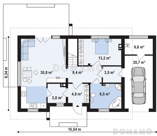 Проект одноэтажного мансардного дома из газобетона с дополнительной спальней на первом этаже и гаражом / План 1 этажа