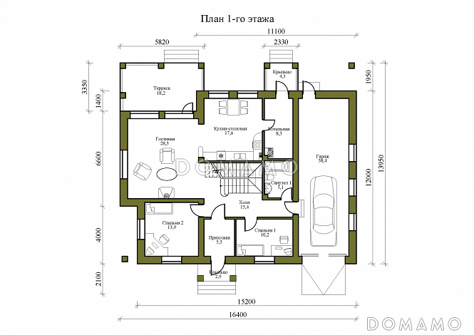 Проект двухэтажного дома из каменных блоков и бруса, с тремя балконами и террасой / План 1 этажа