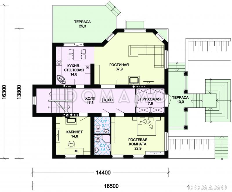 Проект особняка из пеноблоков с цокольным этажом / План 1 этажа