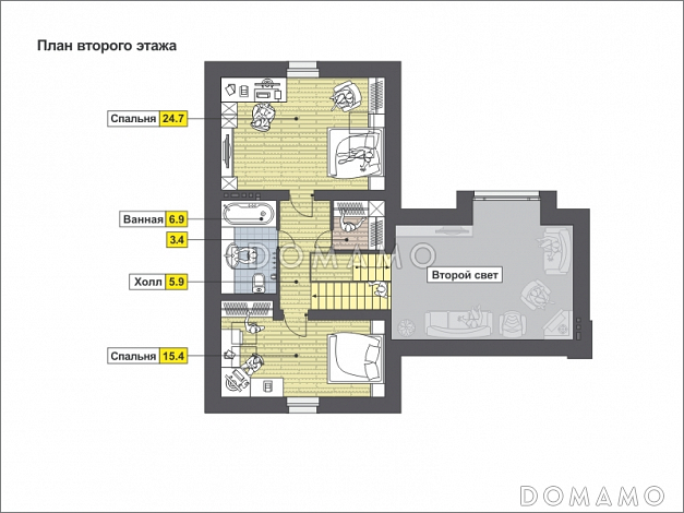 Одноэтажный дом с полукруглой террасой, просторной гостиной и кухней-столовой / План мансардного этажа