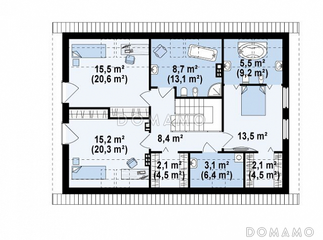 Проект одноэтажного мансардного дома из газобетона с кабинетом, открытой угловой террасой и гаражом  / План мансардного этажа