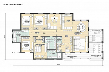 Проект дома с мастер-спальней, просторной дневной зоной, кабинетом и тремя детскими / План 1 этажа