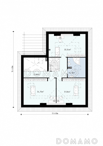 Проект просторного одноэтажного мансардного дома из газобетона с кабинетом, спальнями на обоих этаж и гаражом на два автомобиля  / План мансардного этажа