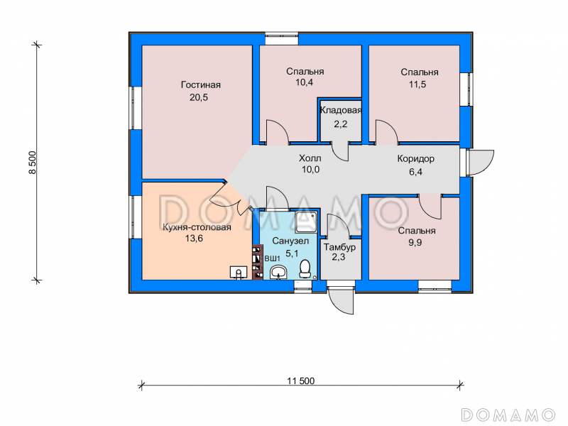 Проект дома с кладовой, кухней-столовой, гостиной, тремя спальнями / План 1 этажа
