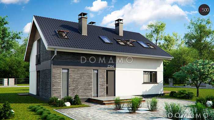 Проект одноэтажного мансардного дома из газобетона с четырьмя спальнями и панорамным остеклением гостиной