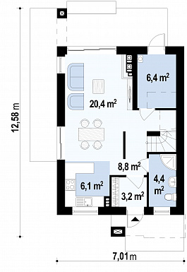Проект небольшого двухэтажного дома из кирпича с тремя спальнями и балконом / План 1 этажа